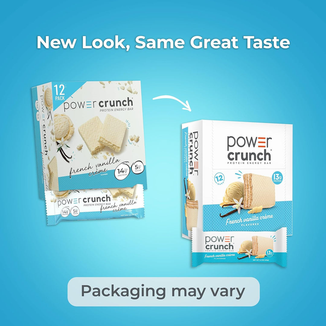 Power Crunch protein bar packaging on a blue background with text indicating a new look and same great taste.
