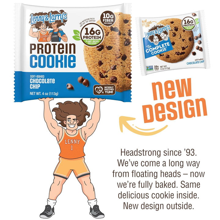 A packaged protein cookie on a white background with a cartoon illustration of a person holding the package and marketing text. The package reads 'Lenny Lam's Protein Cookie' and 'Protein Cookie' with 'Chocolate Chip' flavor.