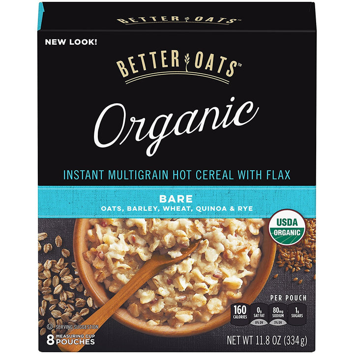 Better Oats Bare Organic Multigrain Hot Cereal with Flax Seeds | Instant Oatmeal | USDA Organic | 8 Pouches (Pack of 6)