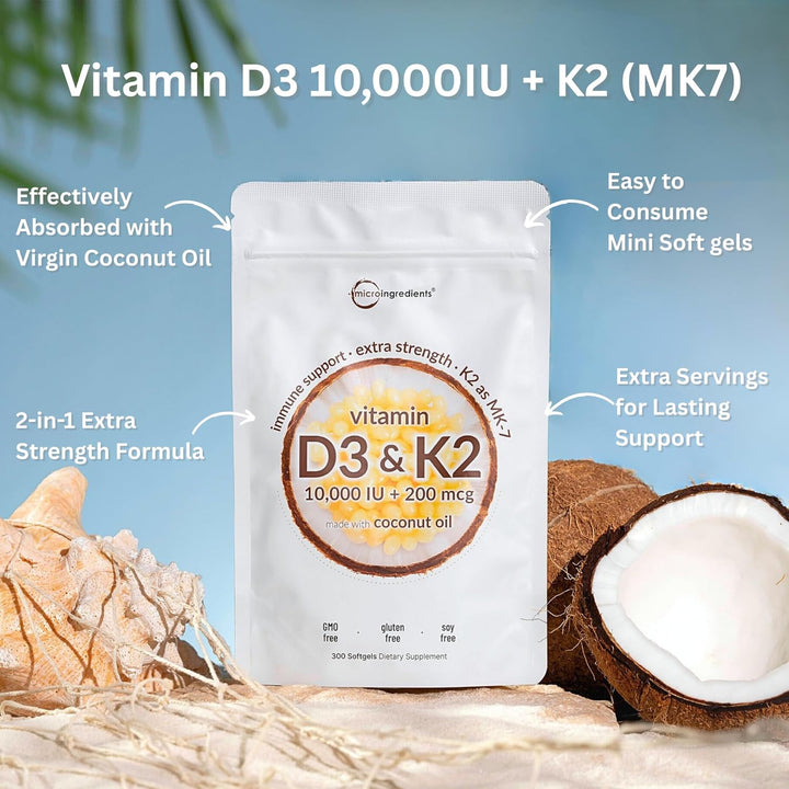 Micro Ingredients Vitamin D3 + K2 Softgels | Made with Virgin Coconut Oil | Non-GMO