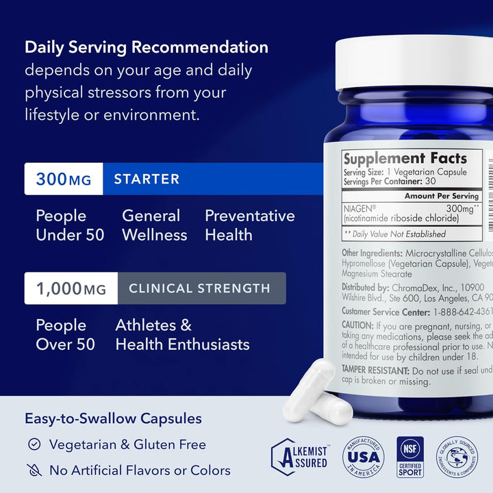 Tru Niagen Patented NAD+ Supplement Nicotinamide Riboside 300mg, 30 Servings