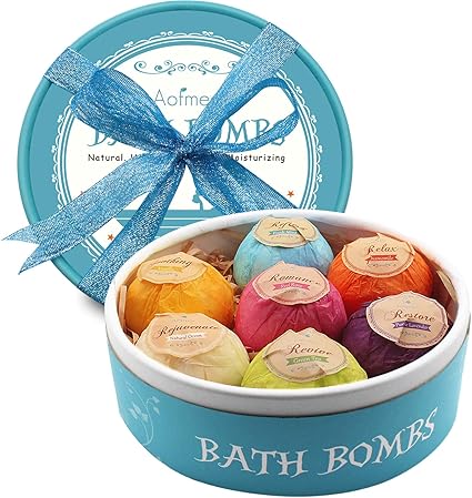 Aofmee Bath Bombs Gift Set – 7 Handmade Bubble Bath Fizzies with Essential Oils – Natural Spa Gift for Women & Kids