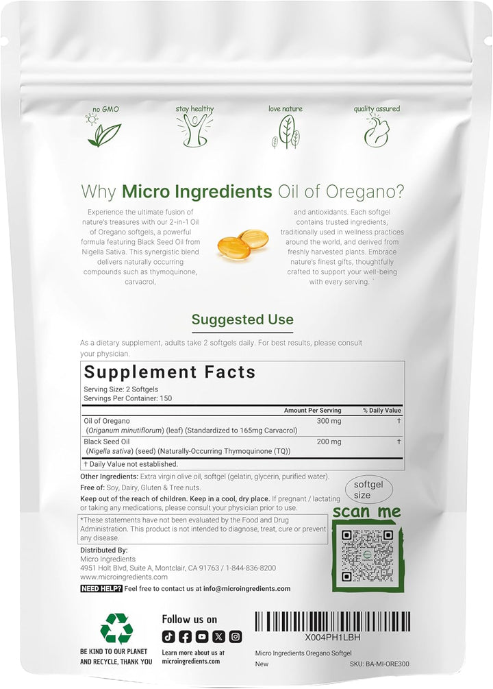 Micro Ingredients Oil of Oregano & Black Seed Oil Softgels | Plant-Based