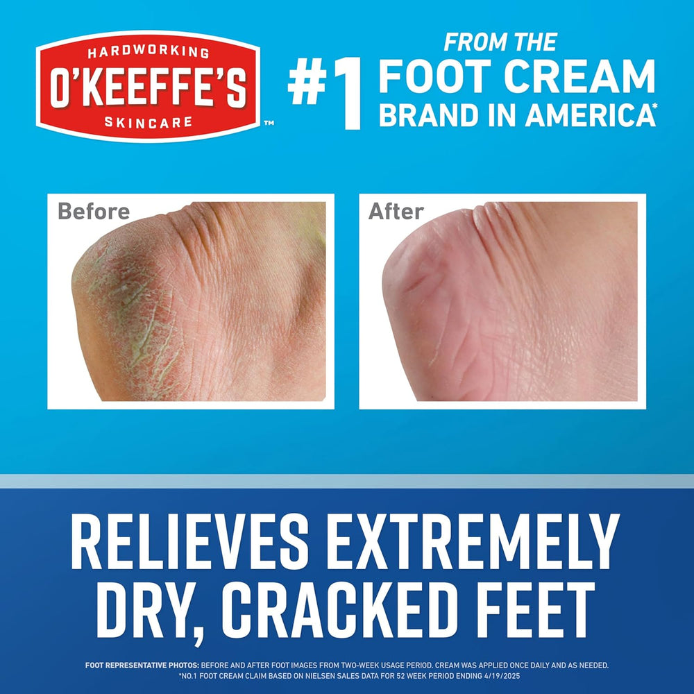 Advertisement for O'Keeffe's foot cream showing before and after effects on dry, cracked feet.