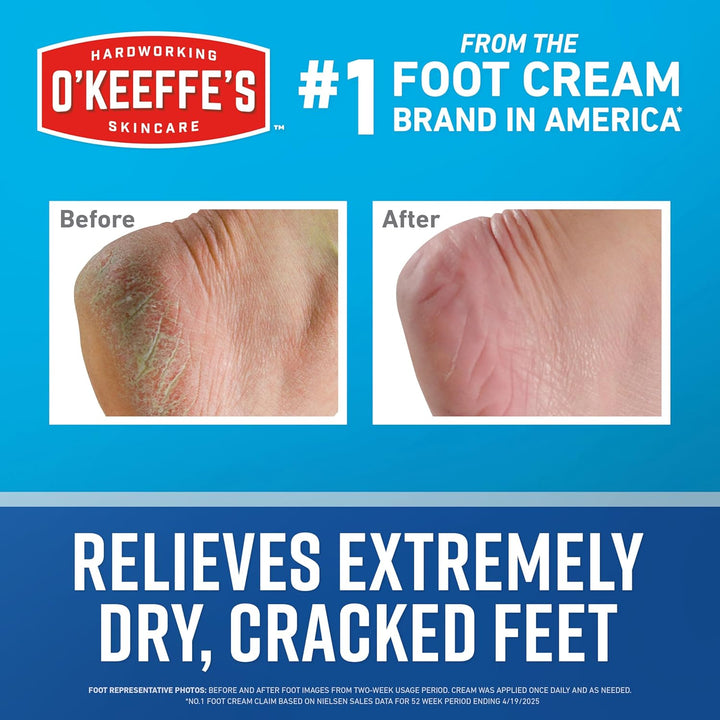 Advertisement for O'Keeffe's foot cream showing before and after effects on dry, cracked feet.