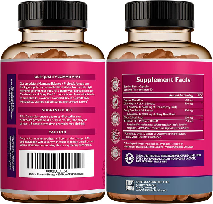 Hormone Balance + Probiotics for Women – Plant-Based Dietary Supplement with Organic Maca, Chasteberry, Dong Quai & Black Cohosh, Non-GMO, 120 V Capsules