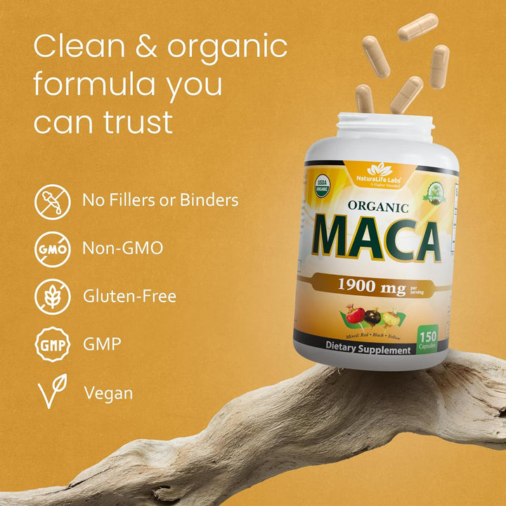 NaturaLife Labs Organic Maca Root 1900mg - Triple Blend Black, Red & Yellow (150 Capsules)