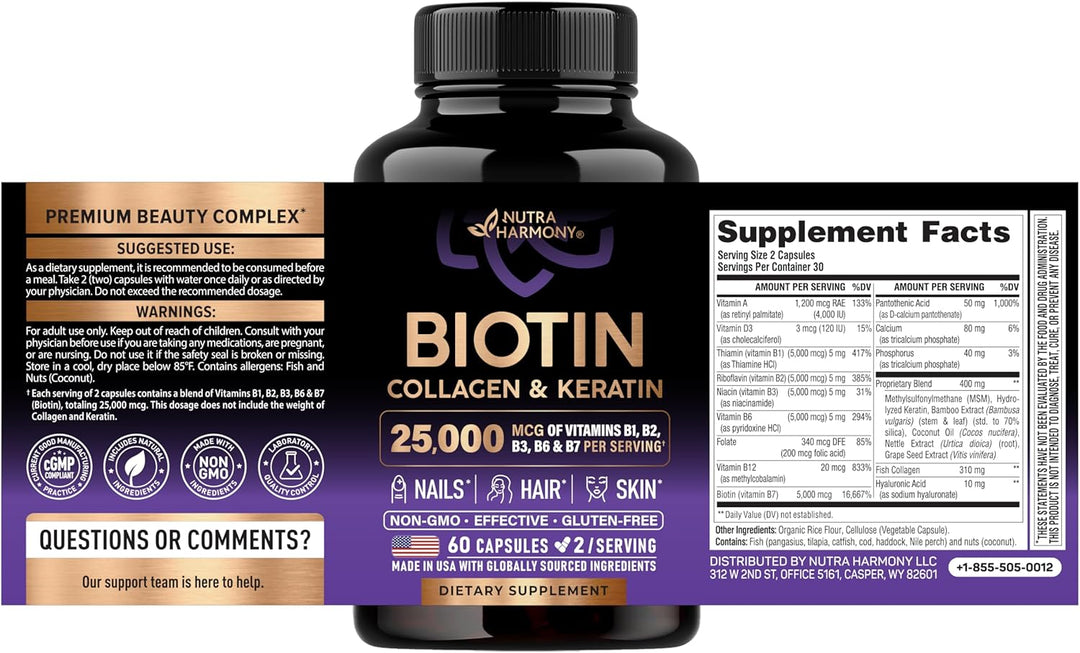 Nutra Harmony Hair Growth Vitamins with Biotin, Collagen & Keratin, 60 Capsules