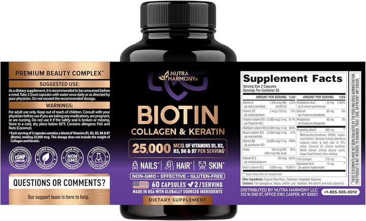 Nutra Harmony Hair Growth Vitamins with Biotin, Collagen & Keratin, 60 Capsules
