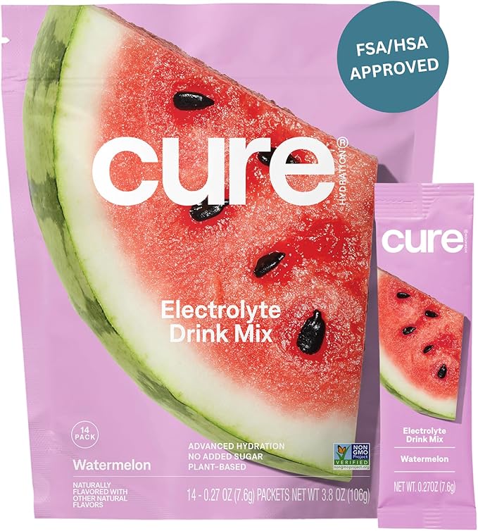 Cure Hydration Electrolyte Drink Mix – Plant-Based, No Added Sugar – Coconut Water Powder – 14 Packets