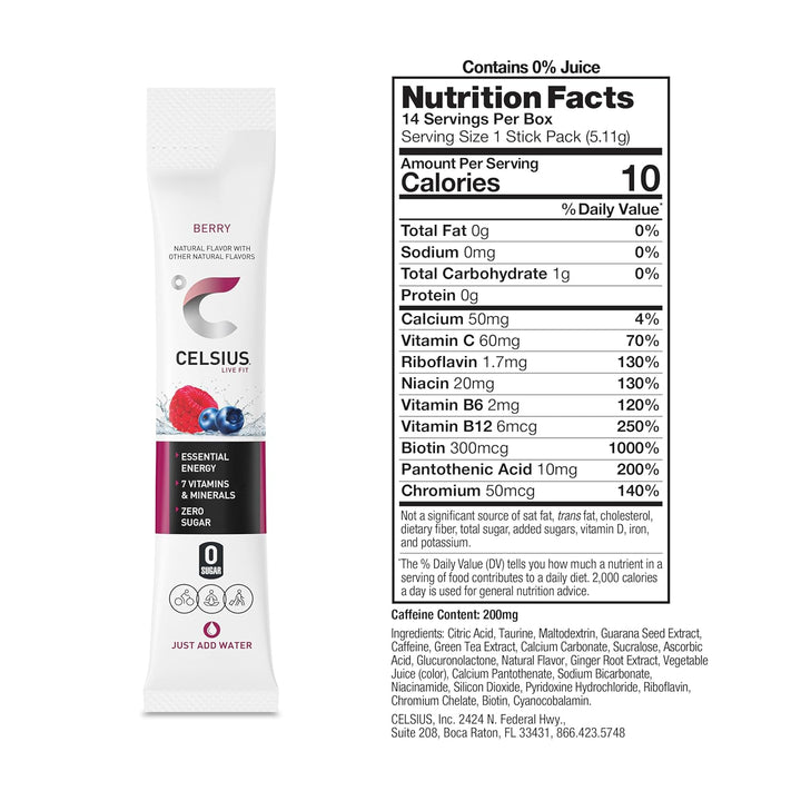 Nutrition facts label and Celsius protein powder stick pack on a white background