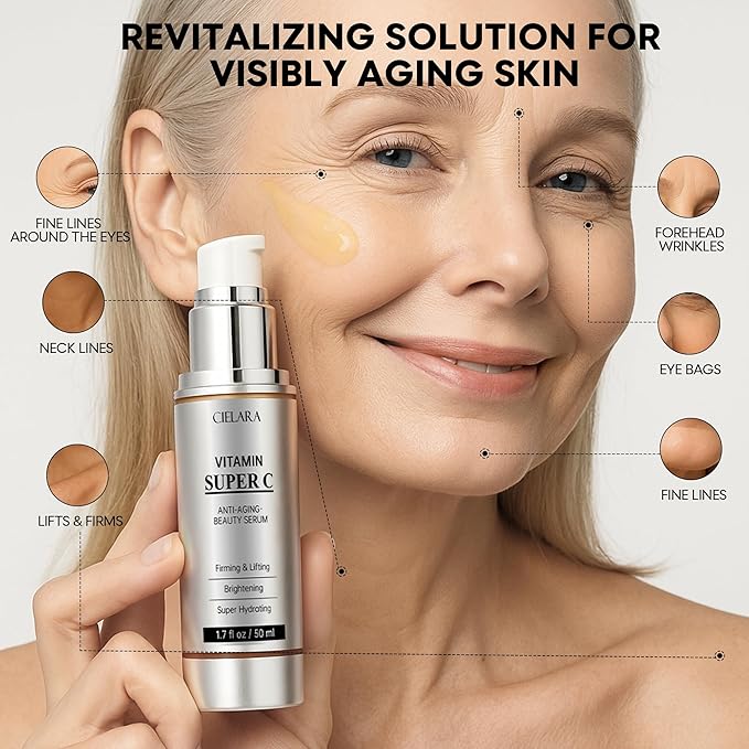 Cielara Brightening & Anti-Aging Vitamin C Serum 50ml – With Hyaluronic Acid, Collagen & Peptides – Helps Improve Skin Tone & Reduce Dark Spots