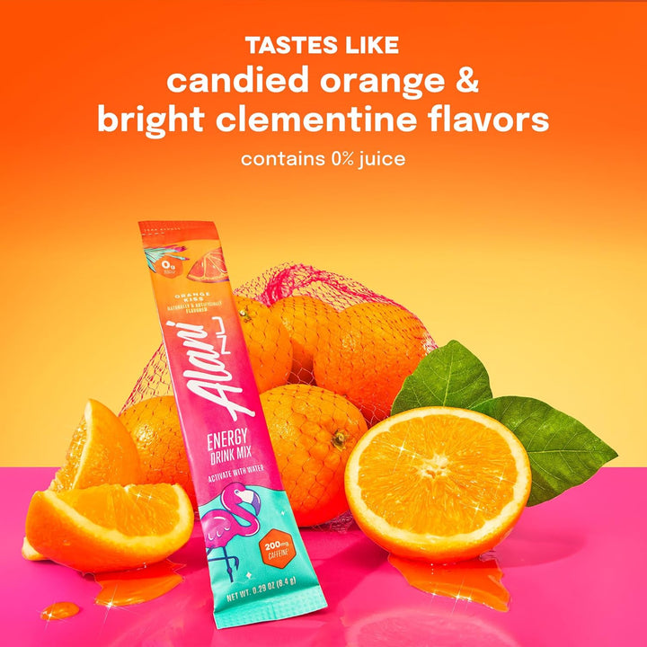 Alani energy drink mix package with oranges on a colorful background