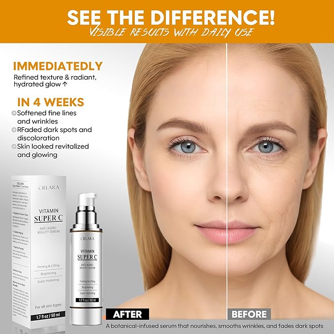 Cielara Brightening & Anti-Aging Vitamin C Serum 50ml – With Hyaluronic Acid, Collagen & Peptides – Helps Improve Skin Tone & Reduce Dark Spots