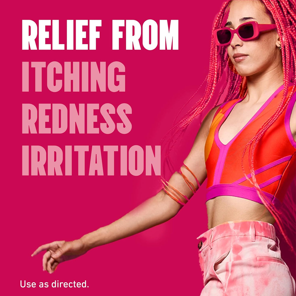 Person wearing a bright red top and pink pants with sunglasses on a pink background, promoting relief from itching, redness, and irritation.