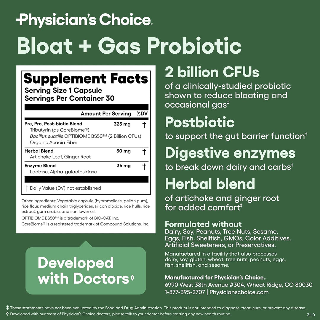 Physician's Choice Bloat & Gas Probiotic, 5-in-1 Daily Digestive Health Supplement, 30 Capsules