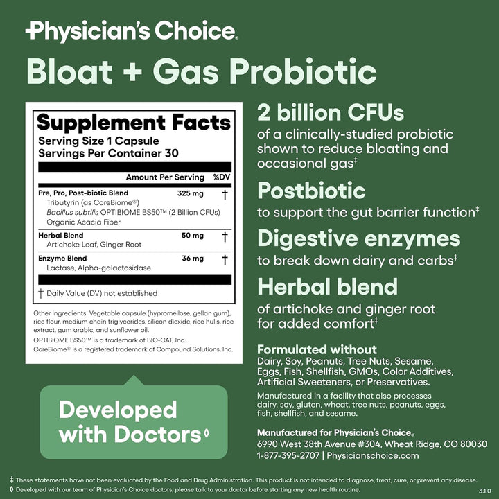 Physician's Choice Bloat & Gas Probiotic, 5-in-1 Daily Digestive Health Supplement, 30 Capsules
