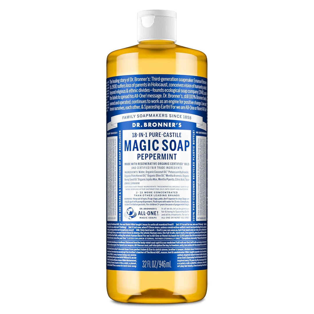 Dr. Bronner's Peppermint Pure-Castile Liquid Soap, Multi-Use Cleanser, 32 oz