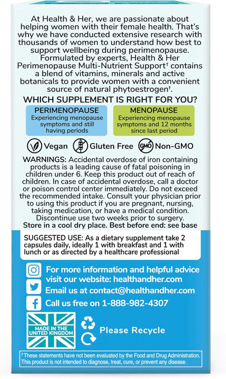 Health & Her Perimenopause Supplement – Multi-Nutrient Support, Hormone Balance, Energy & Mood – Vegan, 60 Capsules