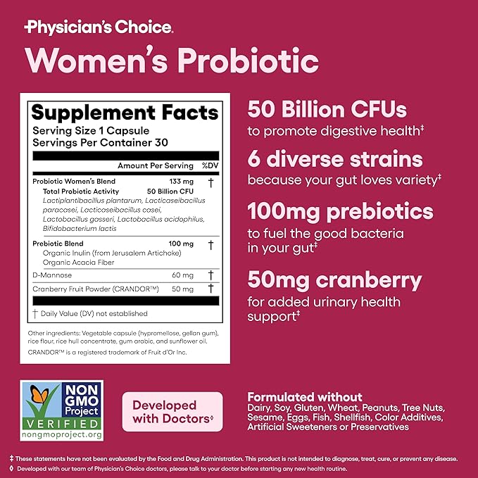 Physician's CHOICE Probiotic Supplement for Women –  50 Billion CFU with 6 Strains & Organic Prebiotics