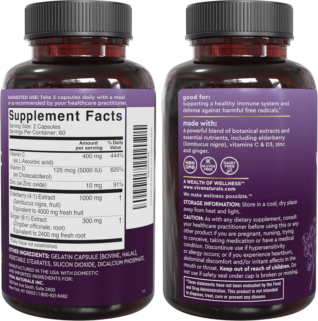 Viva Naturals 5-in-1 Elderberry Supplement with Zinc, Vitamin C & D3 5000 IU (2-Month Supply)