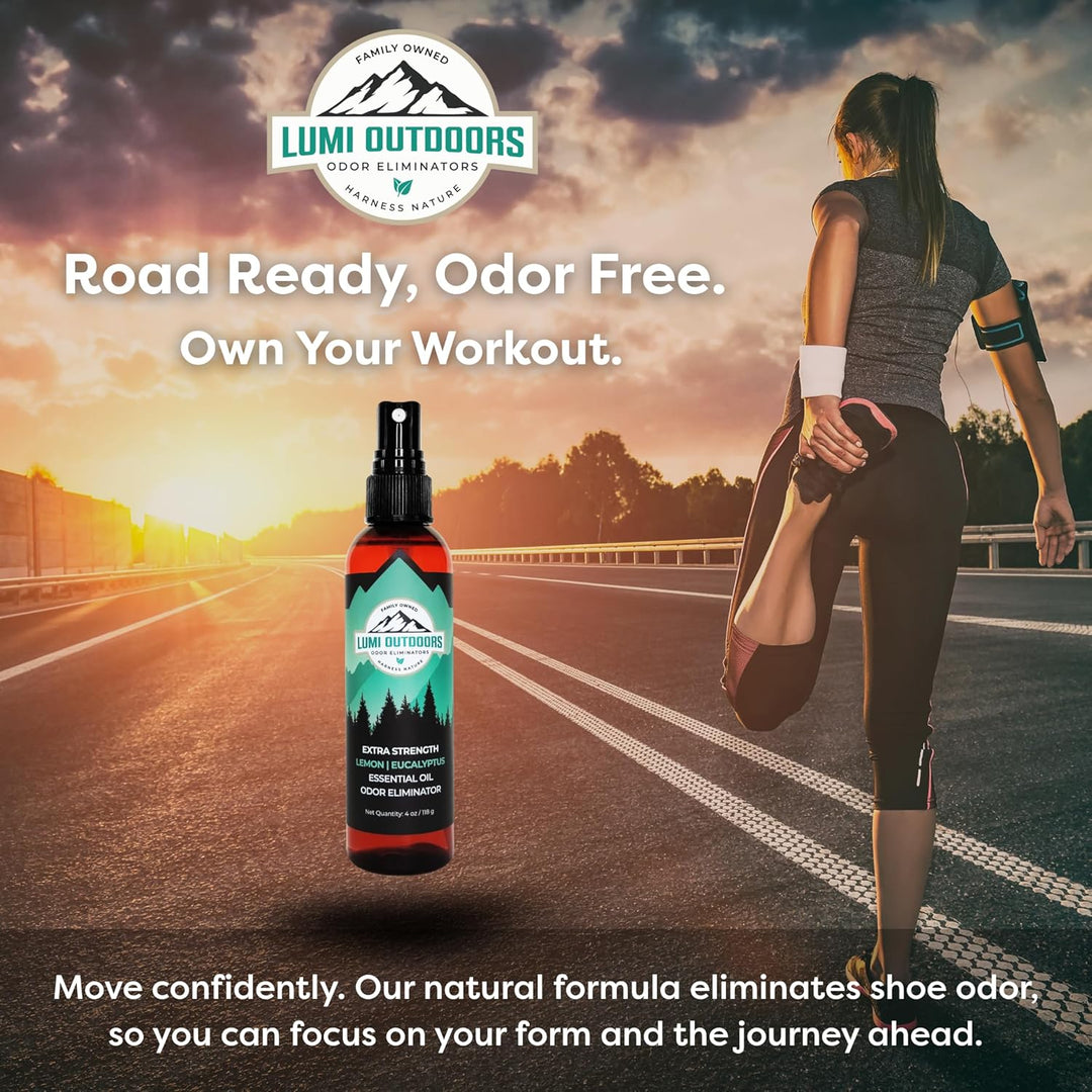 Lumi Outdoors odor eliminator spray with a runner on a road, promoting confidence and focus during workouts.