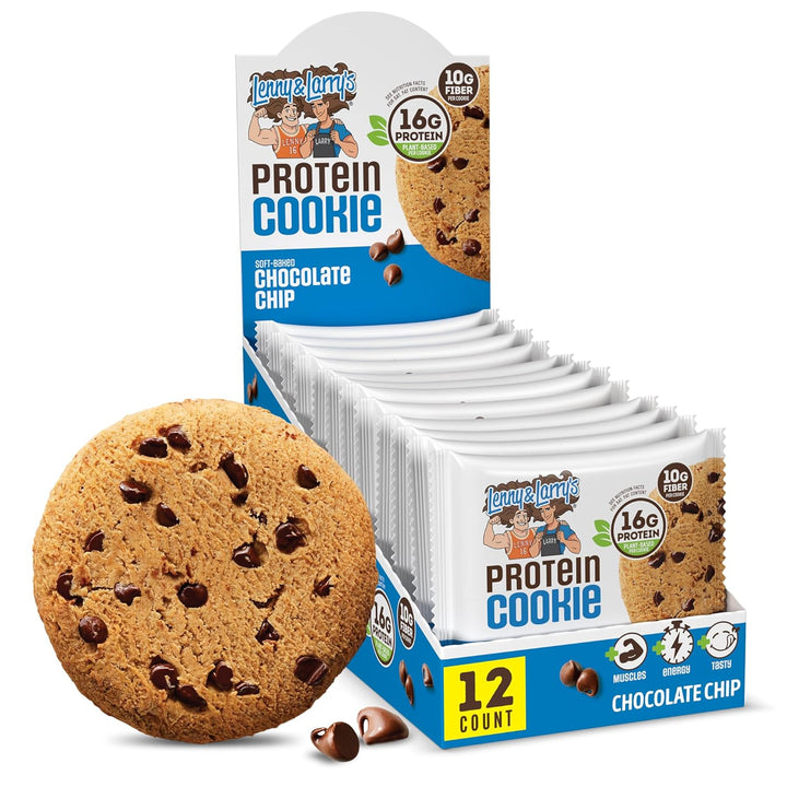 A display box of LemonLabs Protein Cookie Chocolate Chip, showing a large chocolate chip cookie in front of 12 individually wrapped cookies on a white background.