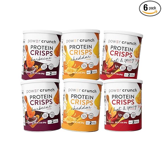 Power Crunch Protein Crisps Variety Pack – High Protein Snack Chips, Cheddar, BBQ & Hot & Spicy Flavors – 12g Protein per Serving, 6-Pack (1.05 oz Each)