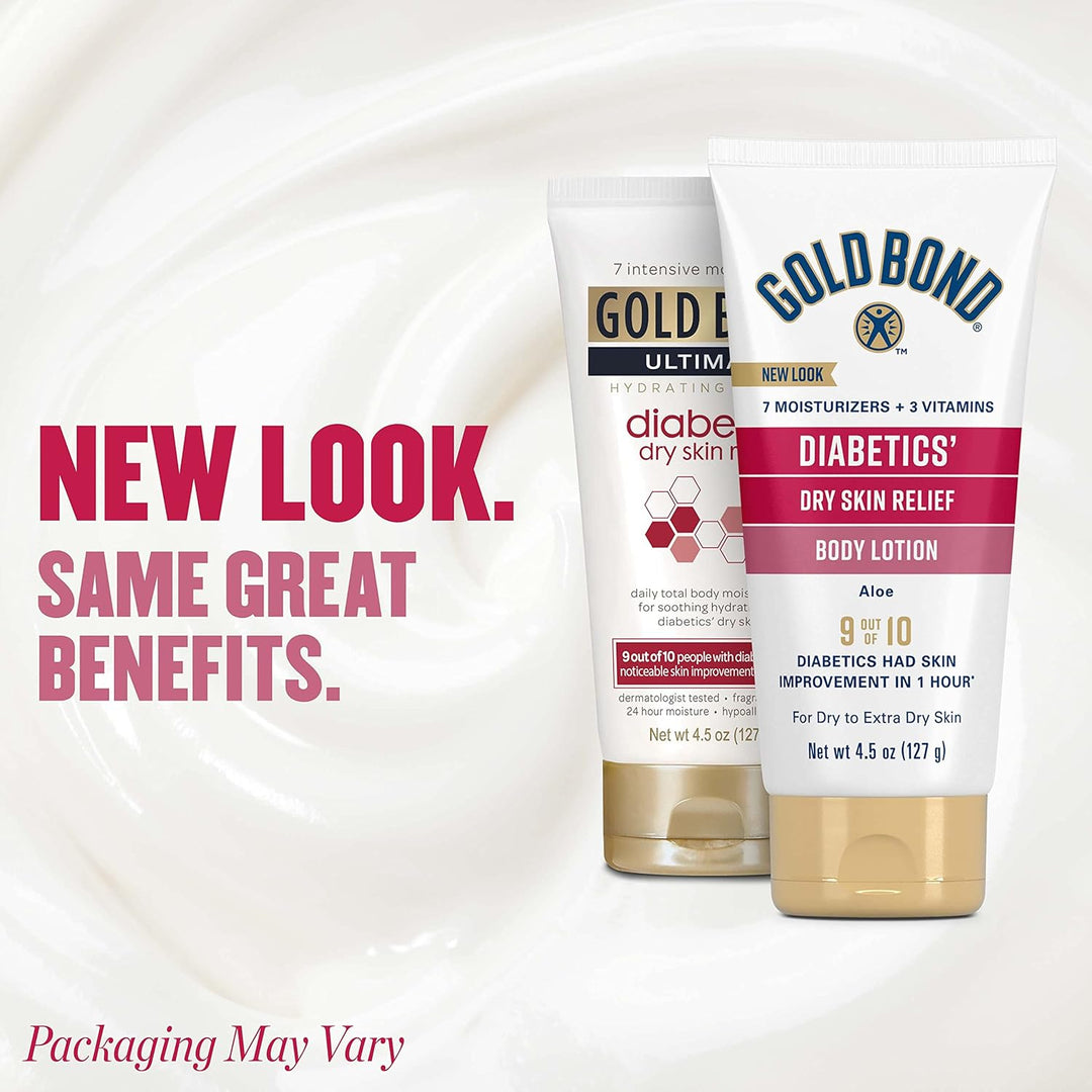 Two Gold Bond Diabetics' Dry Skin Relief body lotions on a white background with text about new packaging.