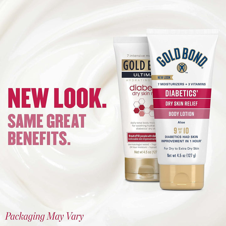 Two Gold Bond Diabetics' Dry Skin Relief body lotions on a white background with text about new packaging.