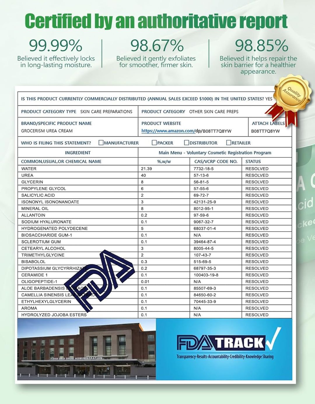 Certified product information sheet with FDA logo and text on a white background