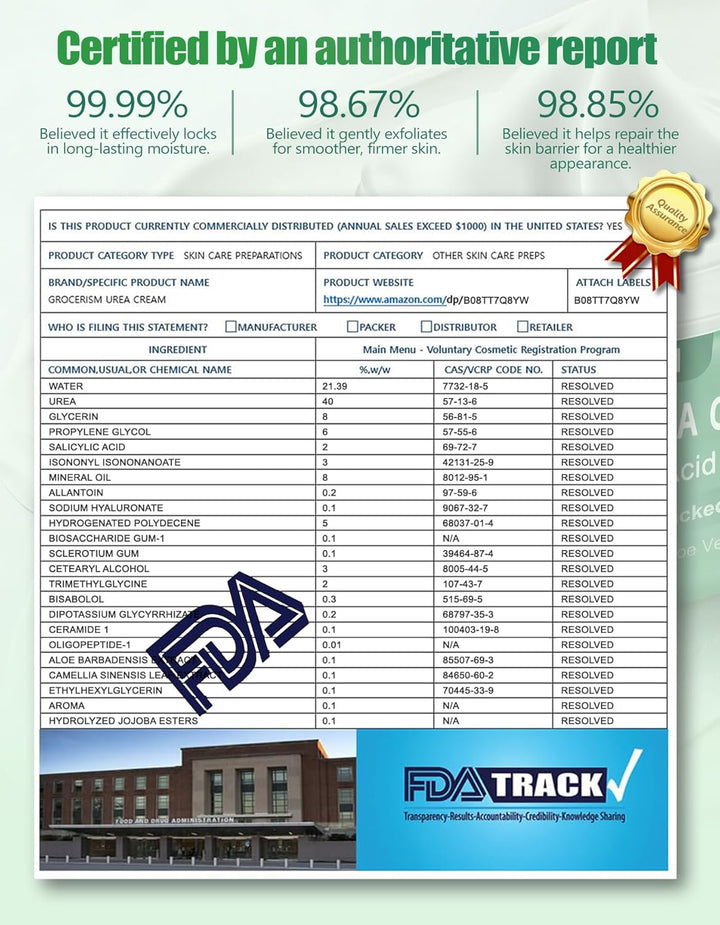 Certified product information sheet with FDA logo and text on a white background