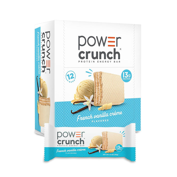 Power Crunch Protein Energy Bar packaging with vanilla flavor illustration on a white background