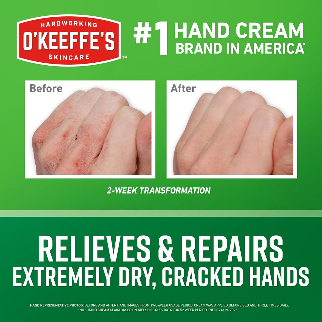 Advertisement for O'Keeffe's hand cream showing before and after effects on dry, cracked hands.
