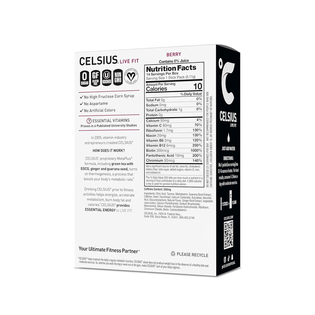 A box of CELSIUS LIVE FIT Berry Vitamin Supplement, showing the back and side panels of the packaging with nutrition facts, ingredients, and product details on a white background.