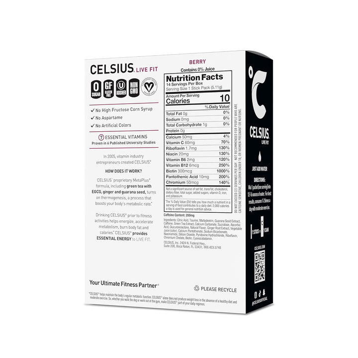 A box of CELSIUS LIVE FIT Berry Vitamin Supplement, showing the back and side panels of the packaging with nutrition facts, ingredients, and product details on a white background.