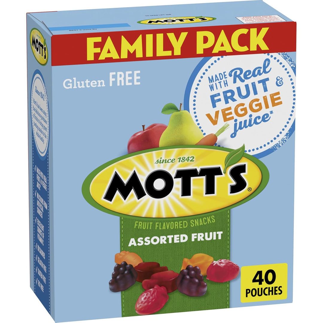 Mott's Assorted Fruit Flavored Snacks, Gluten-Free Chewy Gummy Pouch Made with Real Fruit Puree, 40 Count