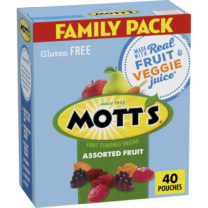 Mott's Assorted Fruit Flavored Snacks, Gluten-Free Chewy Gummy Pouch Made with Real Fruit Puree, 40 Count