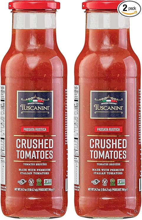 Tuscanini Crushed Tomatoes Passata Rustica, 24.7 oz (2 Pack) – Premium Italian, Vegan, No Artificial Ingredients, Glass Bottle