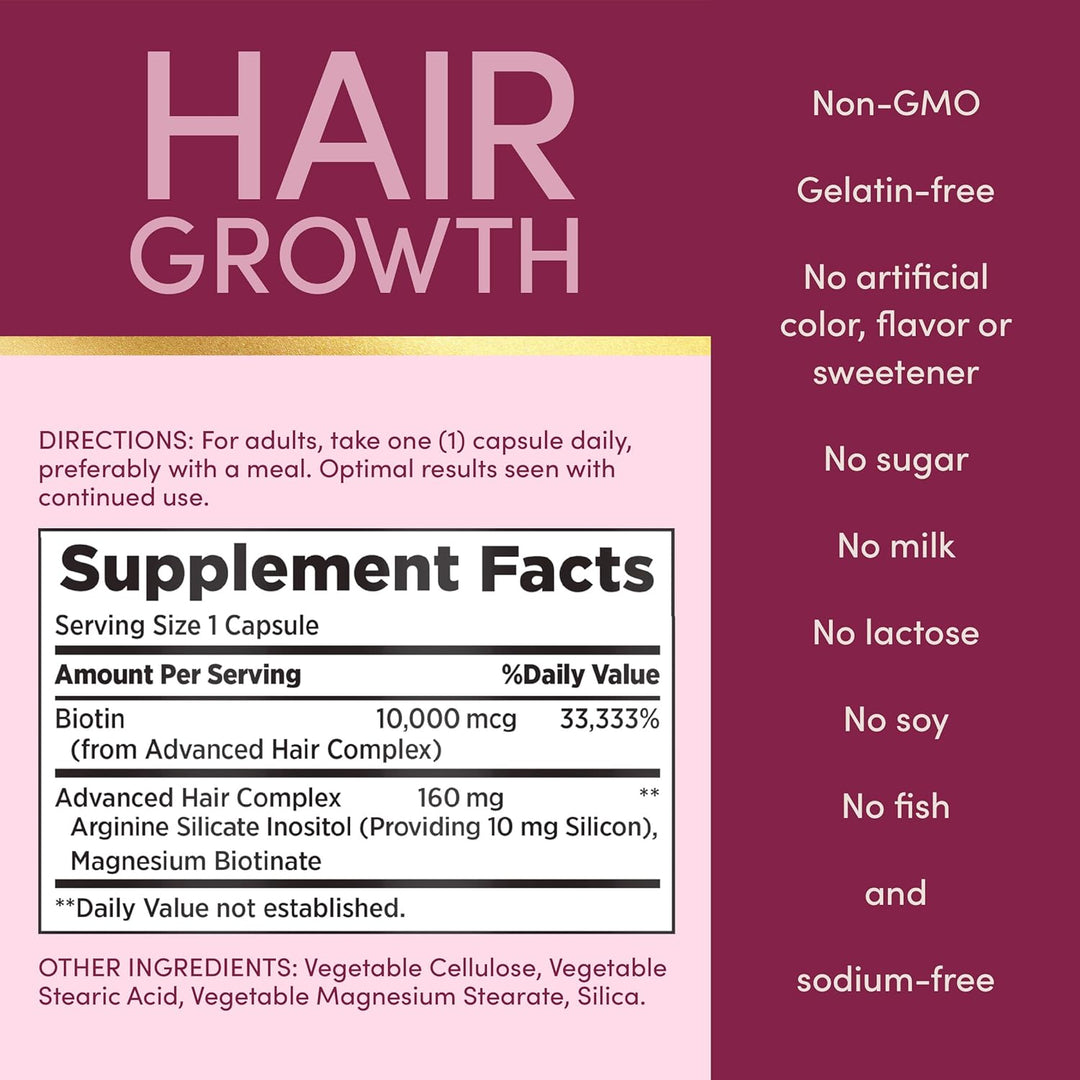 Nature’s Bounty Optimal Solutions Hair Growth Supplement with Biotin, Arginine & Silicon – 30 Capsules, 1-Month Supply, Thicker Fuller Hair for Women