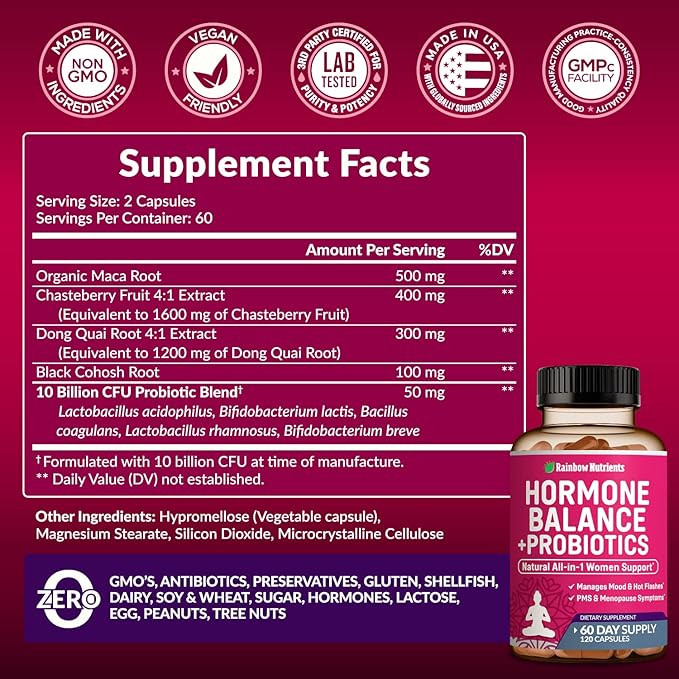 Hormone Balance + Probiotics for Women – Plant-Based Dietary Supplement with Organic Maca, Chasteberry, Dong Quai & Black Cohosh, Non-GMO, 120 V Capsules