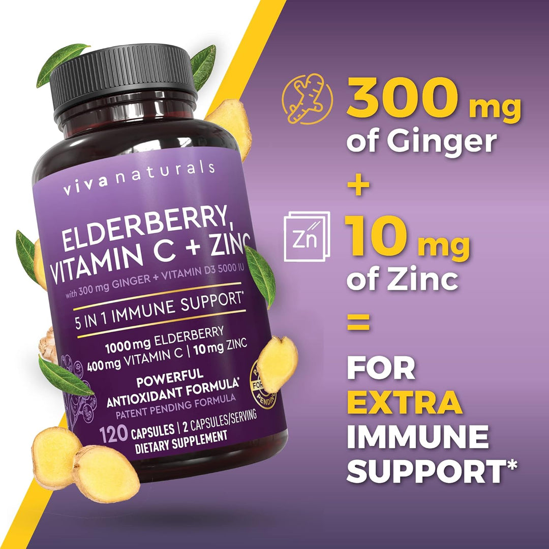 Viva Naturals 5-in-1 Elderberry Supplement with Zinc, Vitamin C & D3 5000 IU (2-Month Supply)