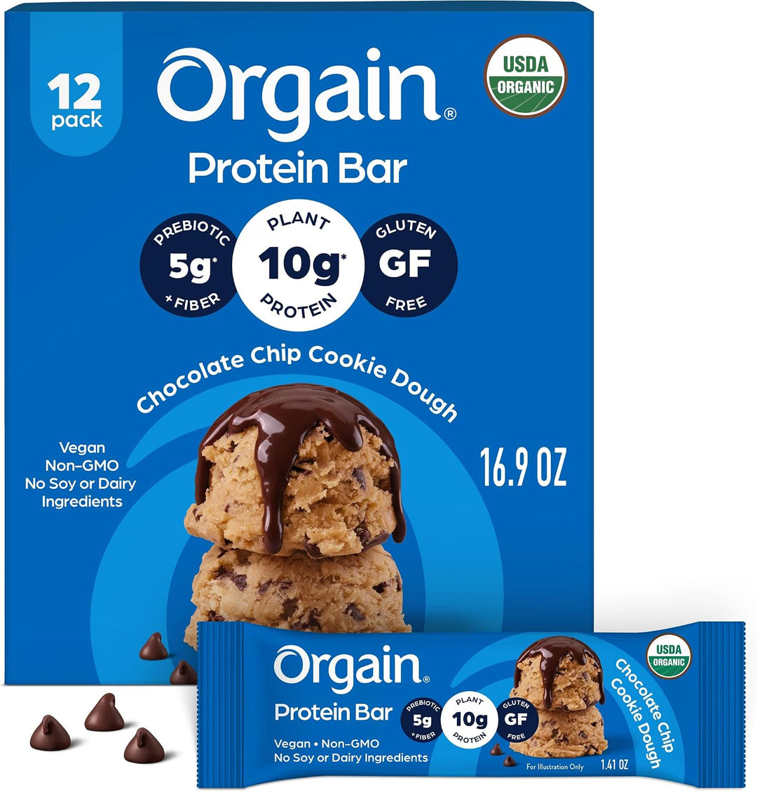 Orgain Protein Bar packaging with a blue background and chocolate chip cookie dough flavor displayed.