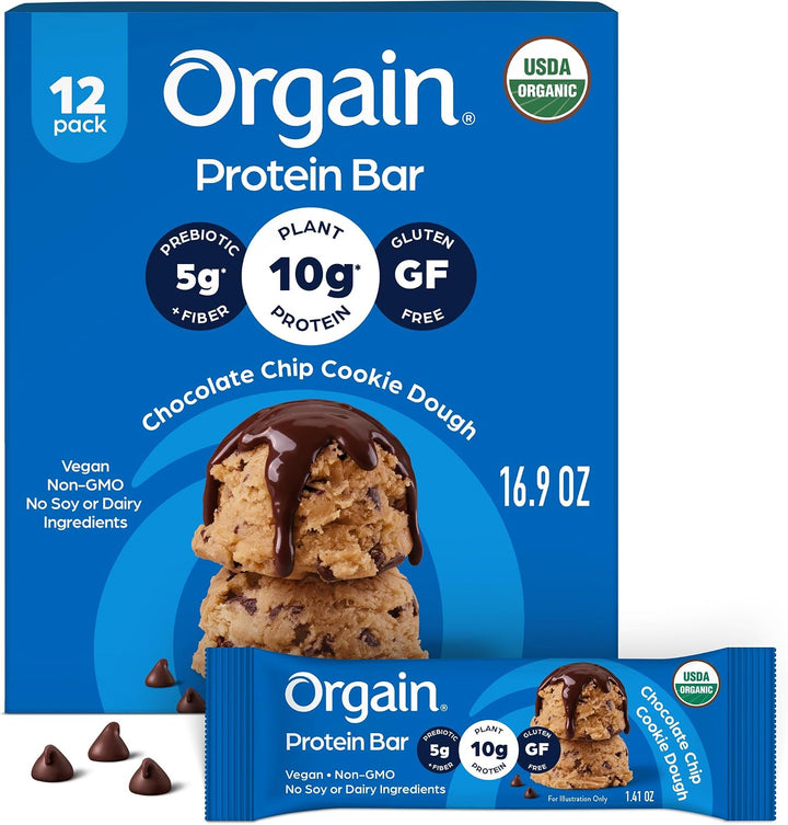 Orgain Protein Bar packaging with a blue background and chocolate chip cookie dough flavor displayed.