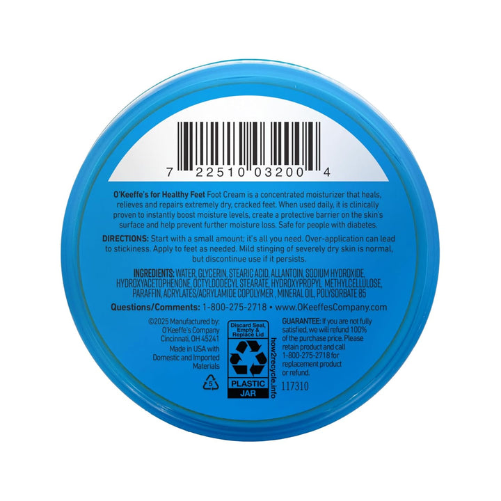 Blue container lid with text and barcode on a white background