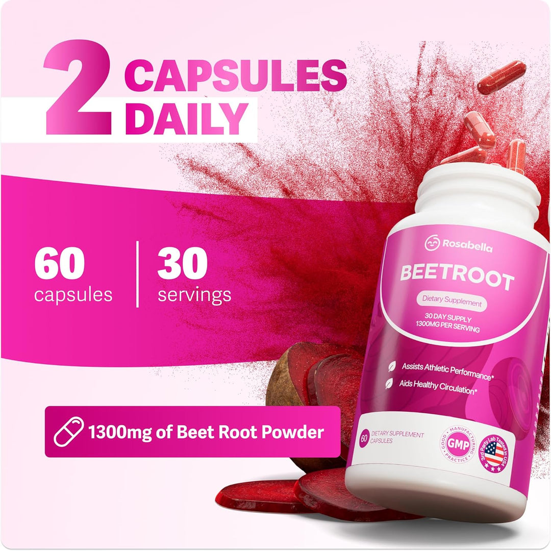 Rosabella Organic Beet Root Capsules 1300mg for Circulation & Vitality, 60 Count