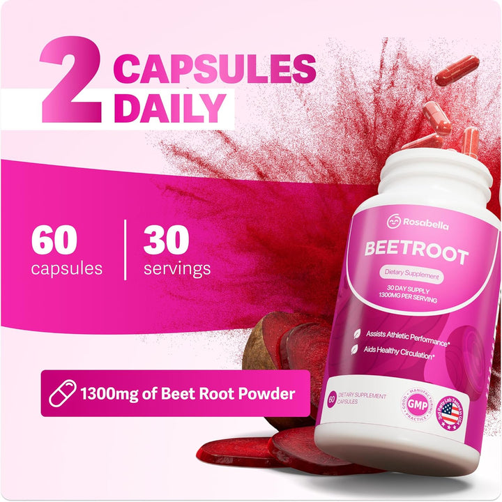 Rosabella Organic Beet Root Capsules 1300mg for Circulation & Vitality, 60 Count