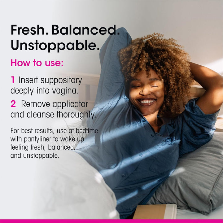 Woman lying on a bed with promotional text about a suppository product.