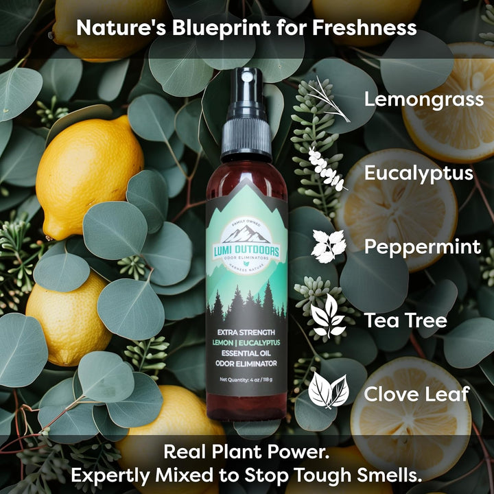 Bottle of Lumi Outdoors essential oil spray surrounded by lemons and eucalyptus leaves with text about natural ingredients.