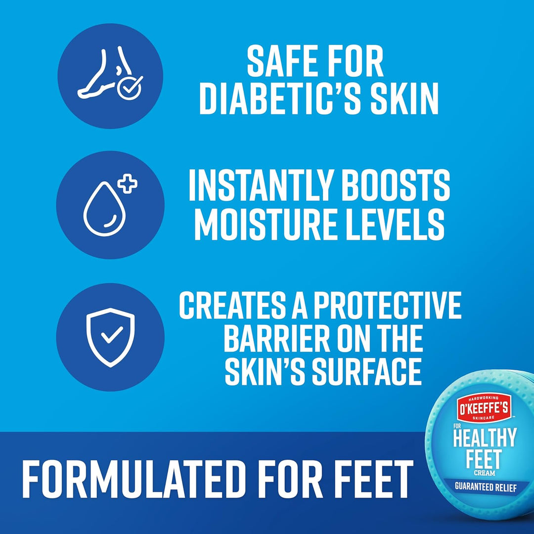 Product packaging with text about safe use for diabetic skin, moisture boost, and protective barrier on a blue background.